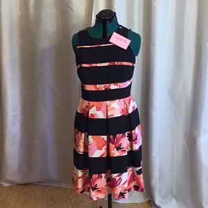 Sleeveless tropical & black block dress with back gold statement zipper size 10